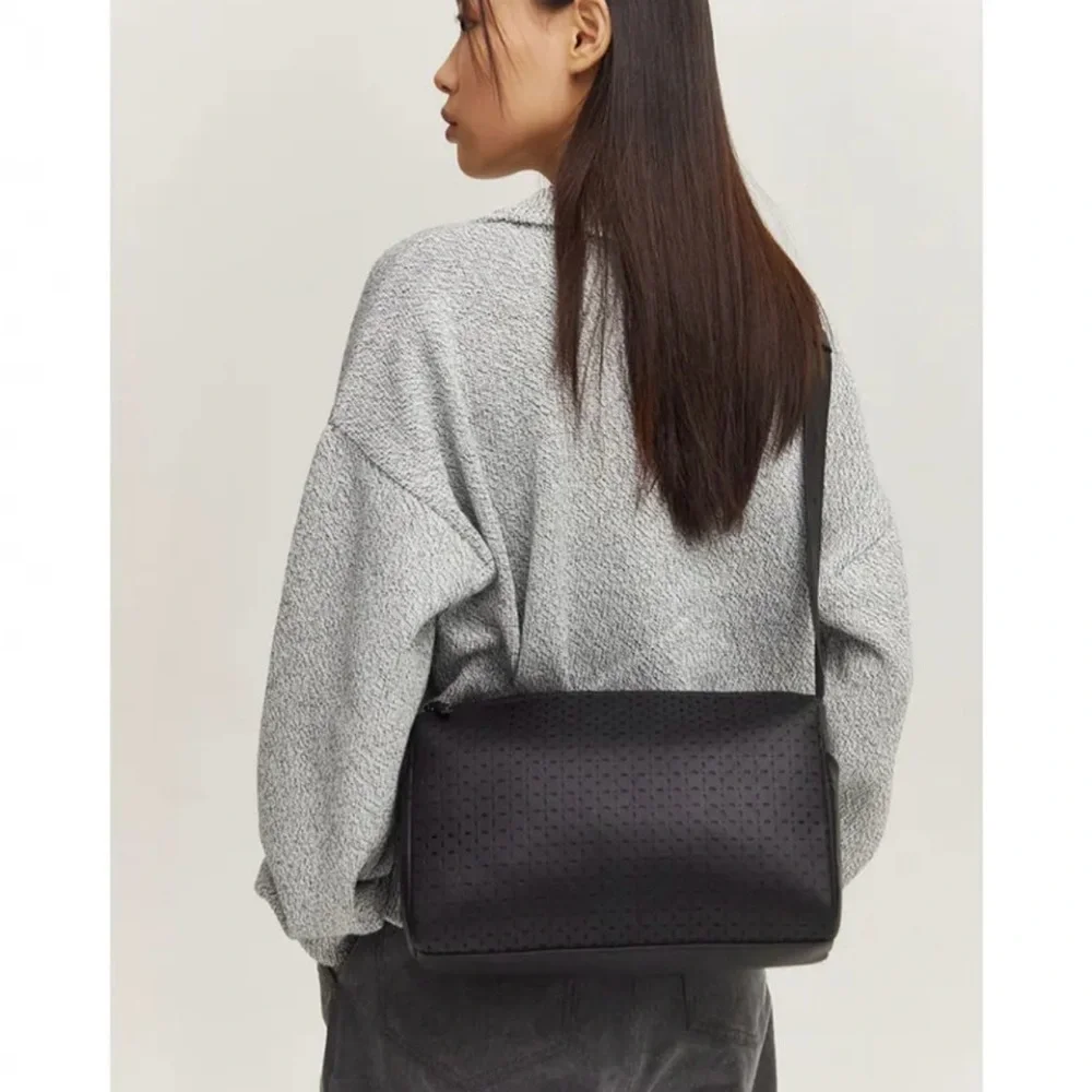 MMGL (Korean brand) Unisex Vegan Leather Punched Pattern Crossbody Bag Camera